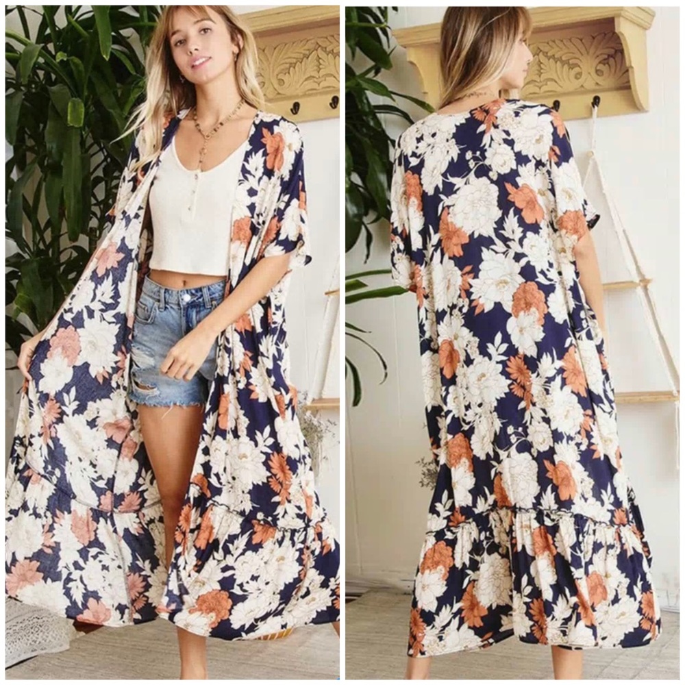 #78 SHORT SLEEVE FLORAL RUFFLE BOTTOM HEM CARDIGAN